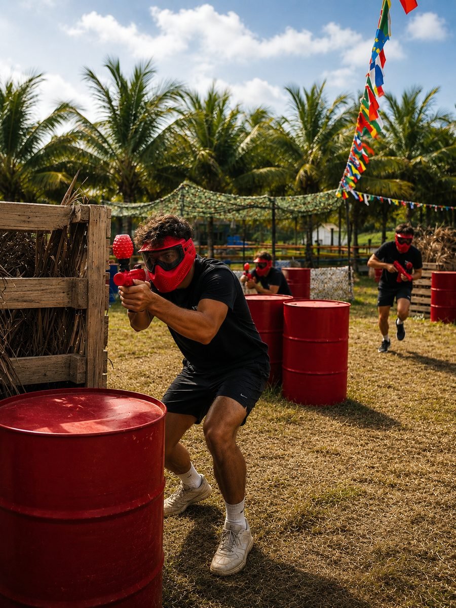Équipe rouge qui charge sur le terrain de GellyBall sous les cocotiers en Guadeloupe