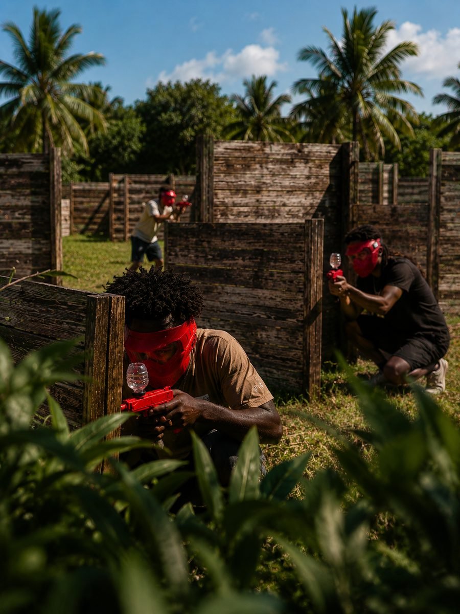 Joueurs embusqués dans le labyrinthe de palettes du terrain Battle Gel à Ferme Ti Bou